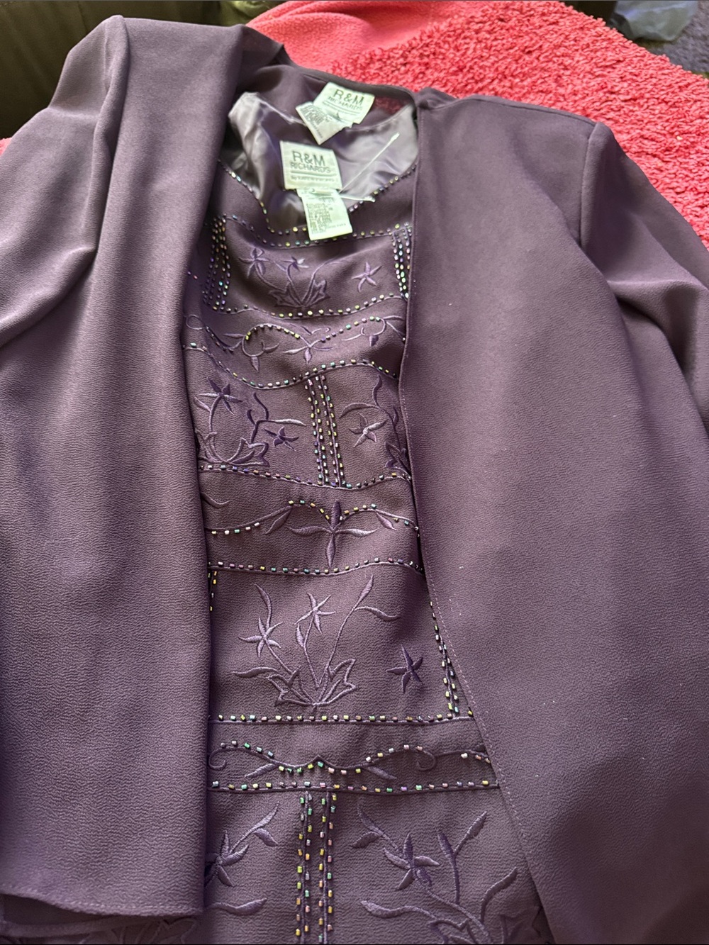 R&M Richards 3 piece set Plum Embroidered Jacket and Pant Dress Set